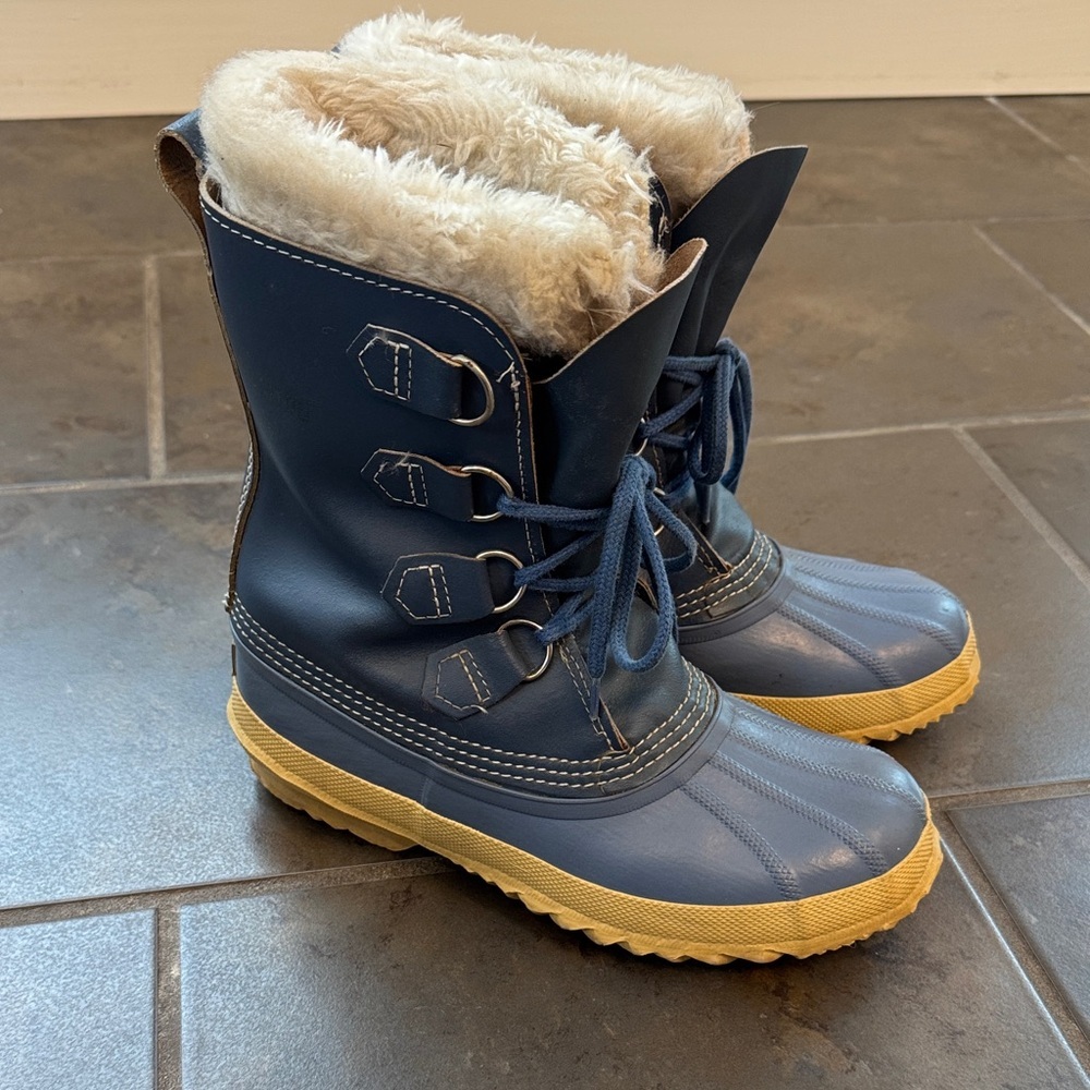 Sorel Vintage Manitou Blue Leather Winter Rain Snow Boots Wool Lined Size 8-8.5